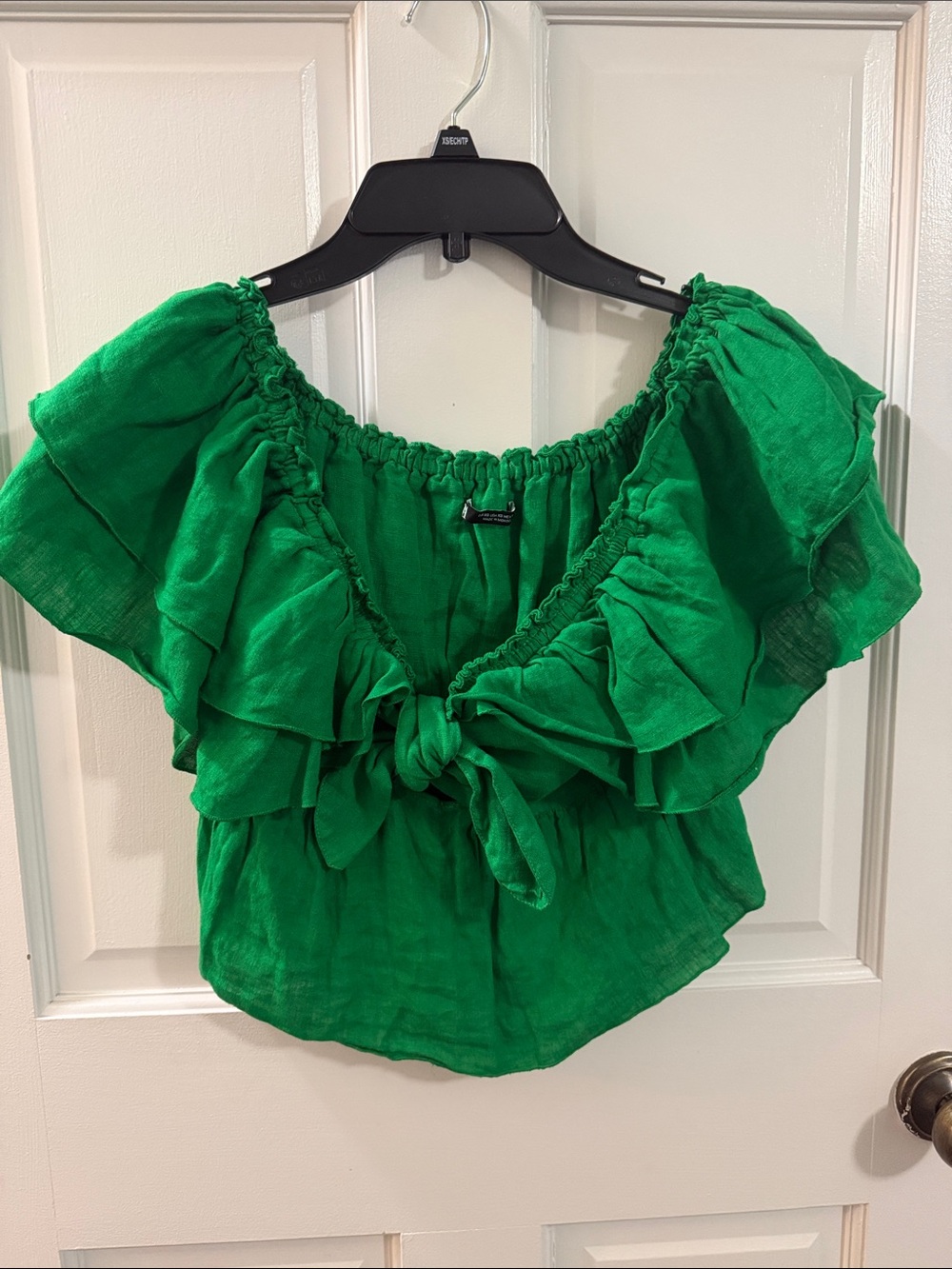Zara Green Off-Shoulder Ruffle Tie-Front Crop Top